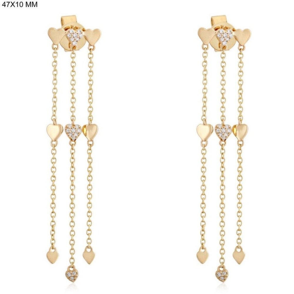 Triple Heart Dangle Diamond 14K (or 18k upon request) Yellow Gold Drop Earrings